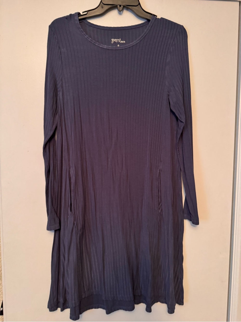 Grace & Lace Ribbed Long Sleeve Dress - Blue